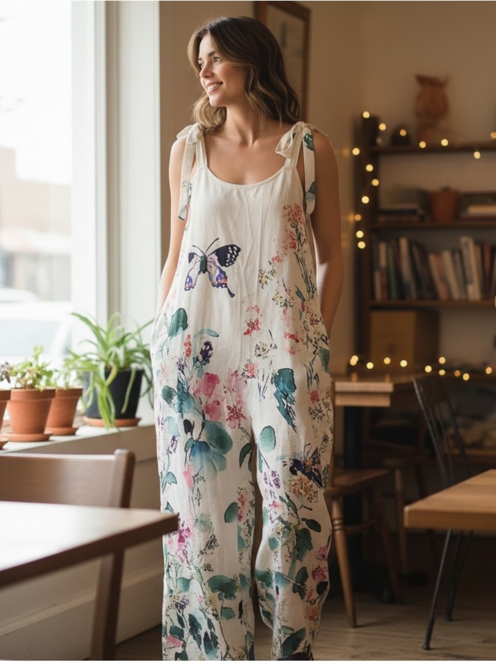 Women's Cream Floral Tie-Shoulder Jumpsuit
